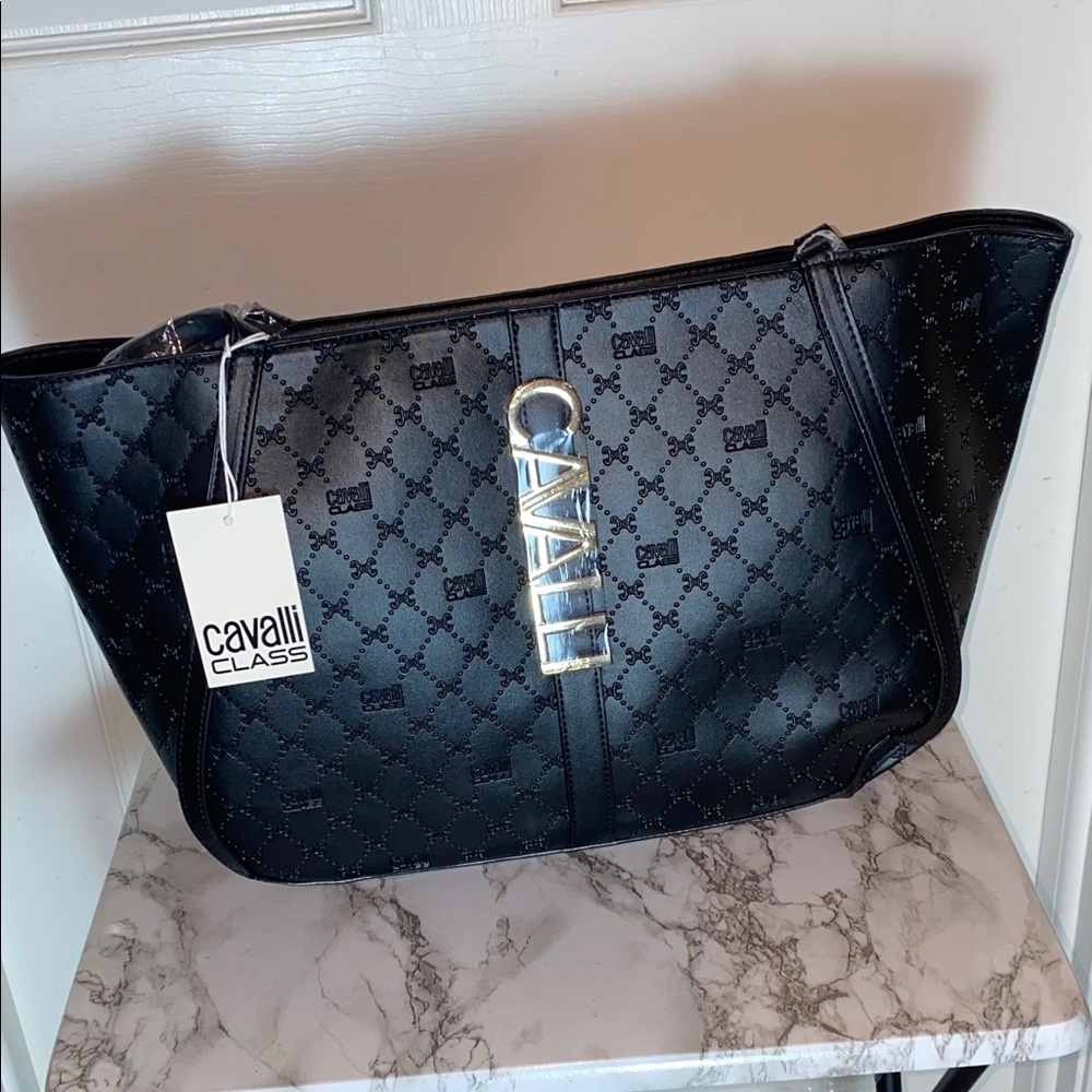 Cavalli Class Sandra Shopper tote bag in black with a debossed logo pattern